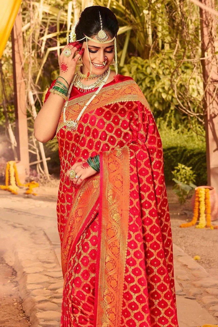 Cherry Red Zari Weaving Banarasi Cotton Silk Saree