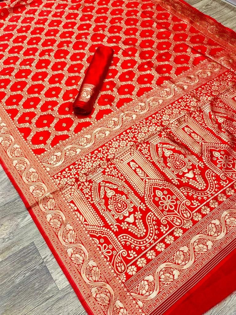 Crimson Red Zari Woven Banarasi Cotton Silk Saree