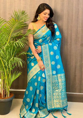 Luxurious Pure Banarasi Saree in Blue Featuring Beautifully Crafted Tassels