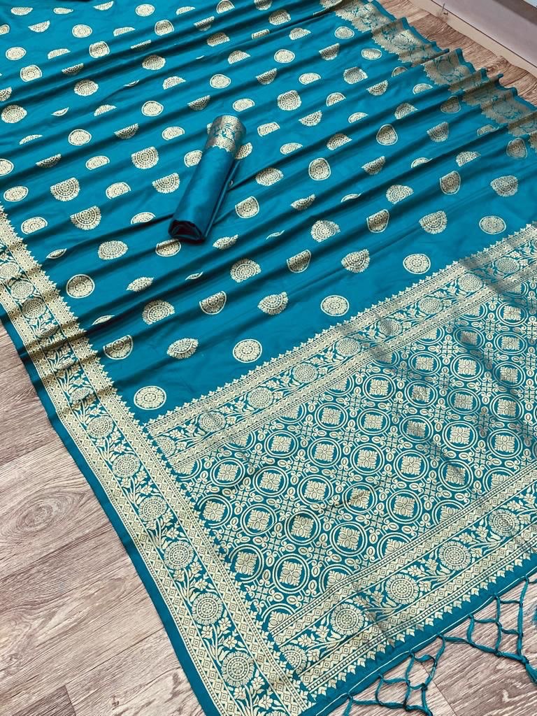 Magnificent Soft Silk Saree in Blue Accented with Gorgeous Tassel Detailing