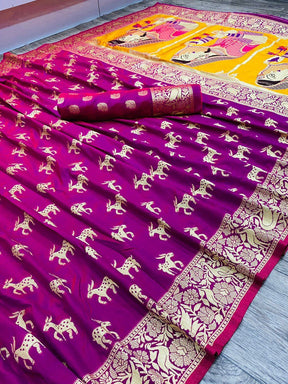 Women's Zari Woven Animal Printed Banarasi Art Silk Saree by Vootbuy