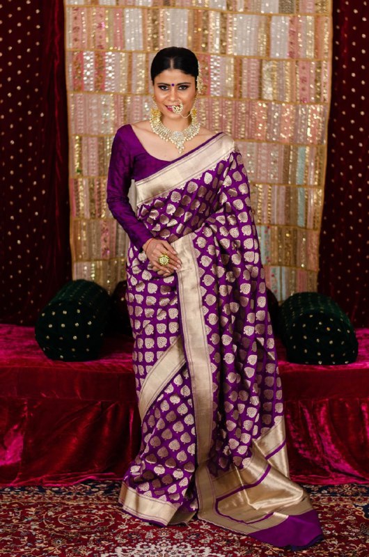 purple zari woven soft silk banarasi jacquard saree