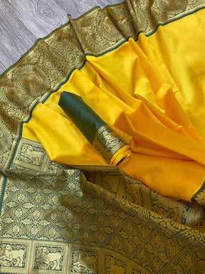 Yellow Color Zari Woven Kanjivaram Soft Lichi Silk Saree by Vootbuy