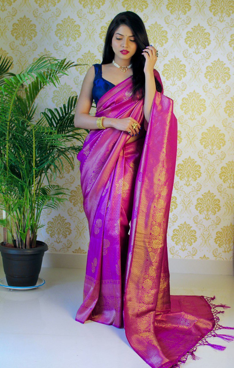Glamorous Purple Banarasi Soft Silk Saree for Party Affairs