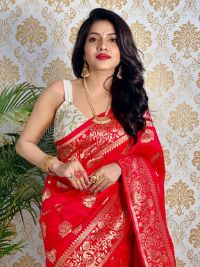 Pure Zari Weaving Special Party Wear Paithani Silk Saree | Red | Vootbuy