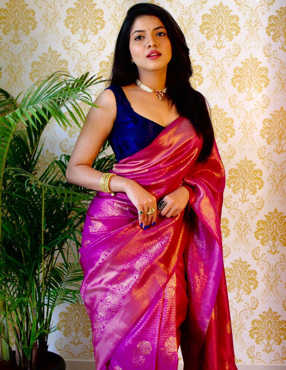 Purple Color Latest Design Banarasi Silk Saree with Golden Zari Work