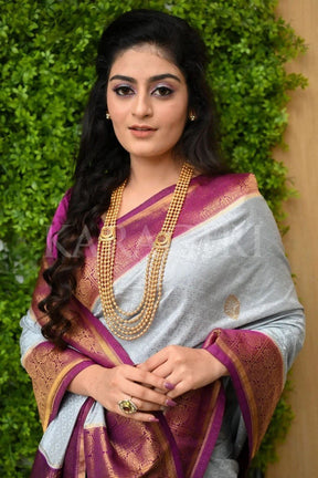 Grey Color Zari Woven Banarasi Soft Silk Jacquard Saree for Wedding