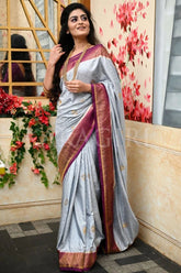 Grey Color Zari Woven Banarasi Soft Silk Jacquard Saree for Wedding