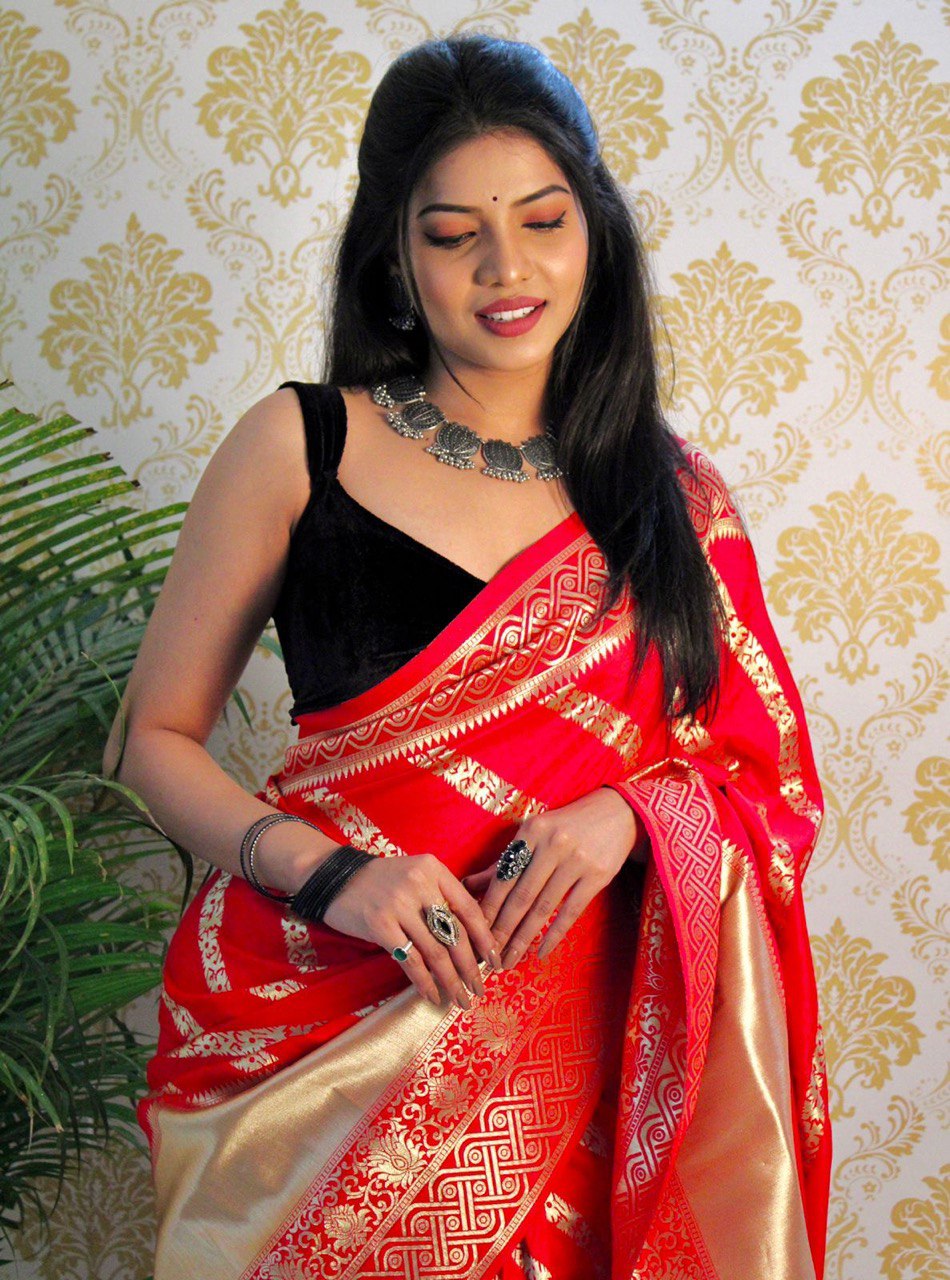 Ruby Red Banarasi Soft Silk Saree Embellished with Intricate Zari Weaving