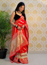Rich Scarlet Red Banarasi Soft Silk Saree with Opulent Zari Weaving