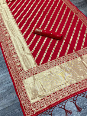Red Color Heavy Zari Weaving Banarasi Soft Silk Saree by Vootbuy