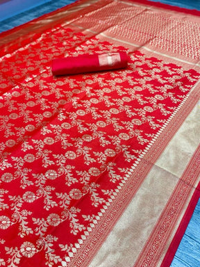 Party Wear Red Color Kanjivaram Pure Silk Jacquard Saree by Vootbuy