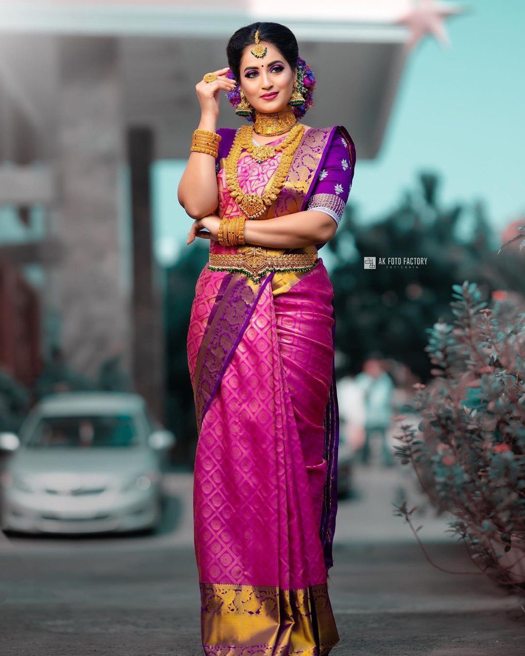 pink and purple kanjivaram pure silk blend saree