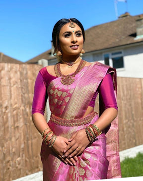 Traditional Indian Pink Silk Saree - Banarasi Zari Weave