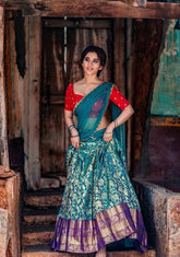 Blue & Red Embroidered Pattern Chanderi Silk Choli & Dupatta | Vootbuy