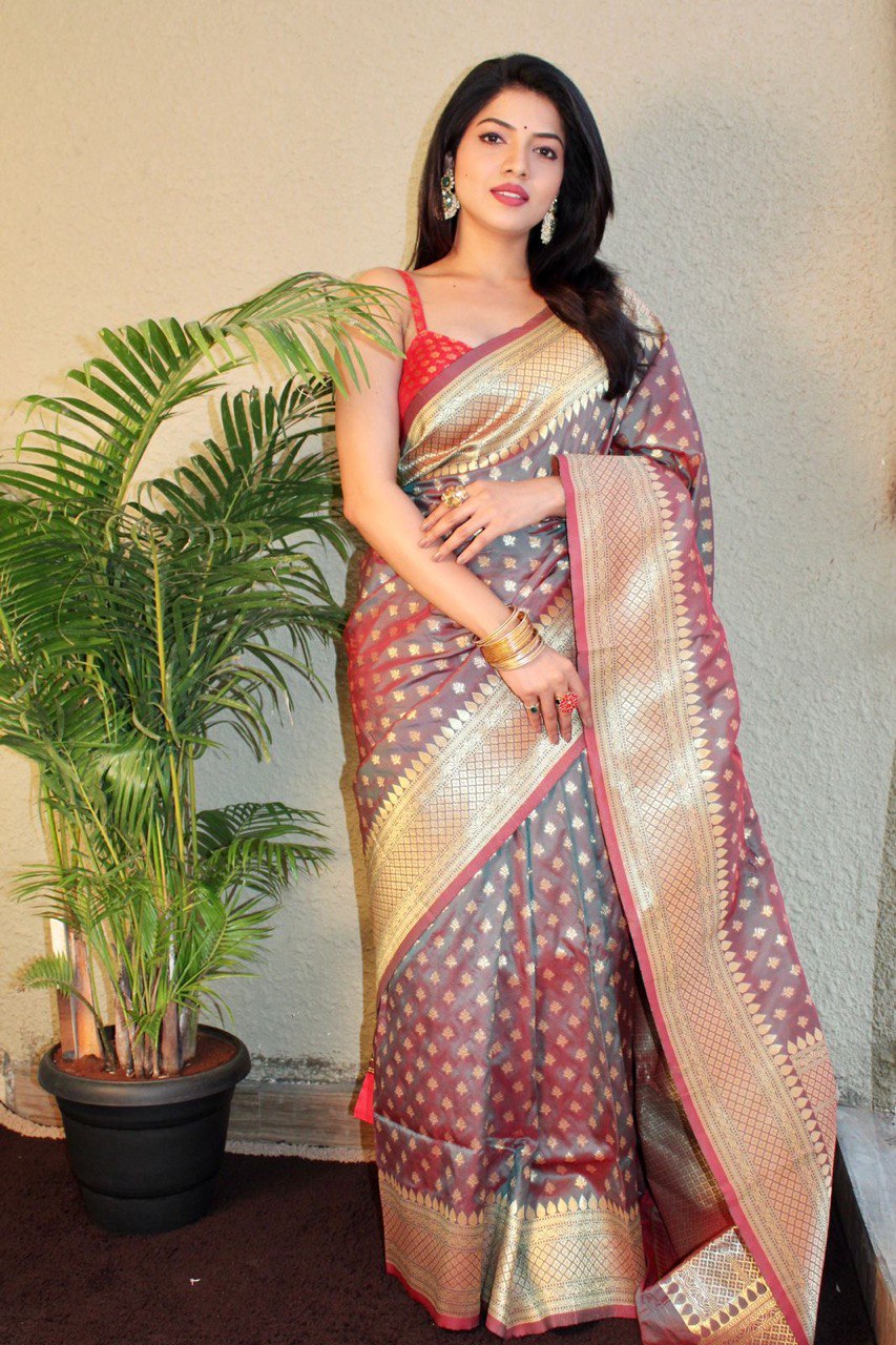 Exquisite Light Grey and Red Banarasi Pure Soft Silk Saree with Intricate Weaving, Perfect for Special Occasions