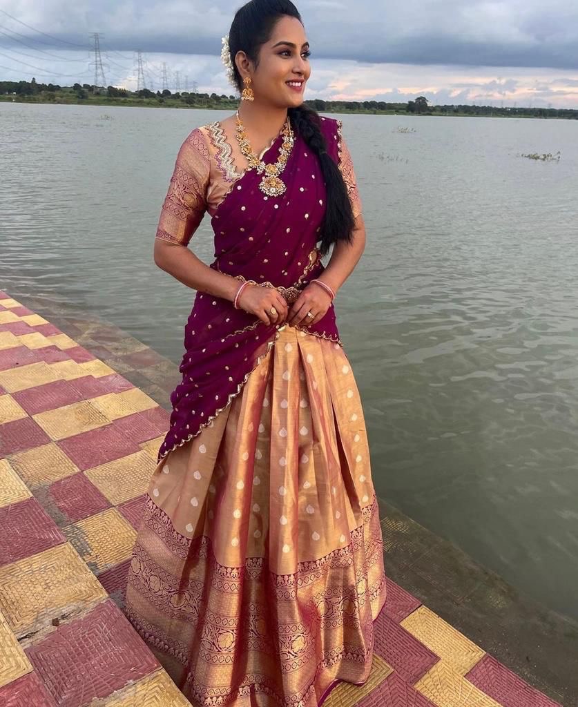 golden zari weaving organza silk half saree for wedding