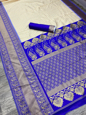 Floral Woven Design Kanjivaram Soft Silk Saree in Cream Color - Vootbuy