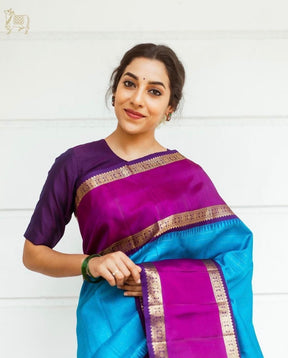 Women's Kanchipuram Banarasi Lichi Silk Saree With plain blouse piece (royal blue Color)