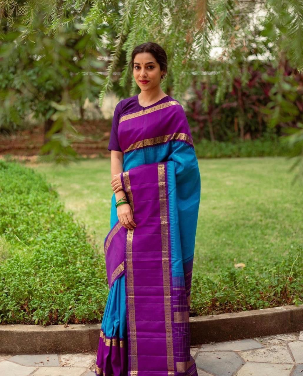 royal blue banarasi kanchipuram silk saree with plain blouse
