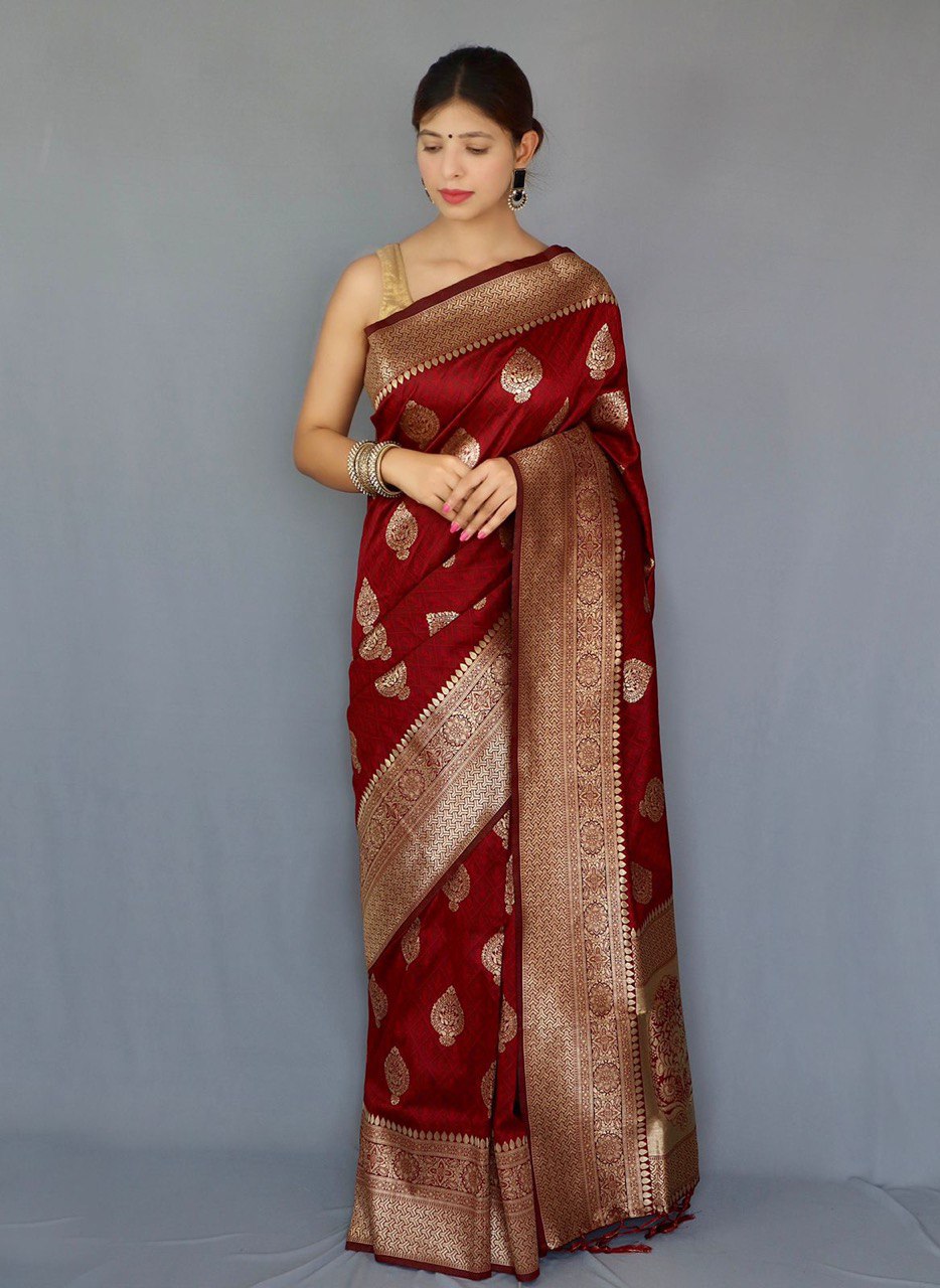maroon digital printed kanjivaram jacquard art silk saree