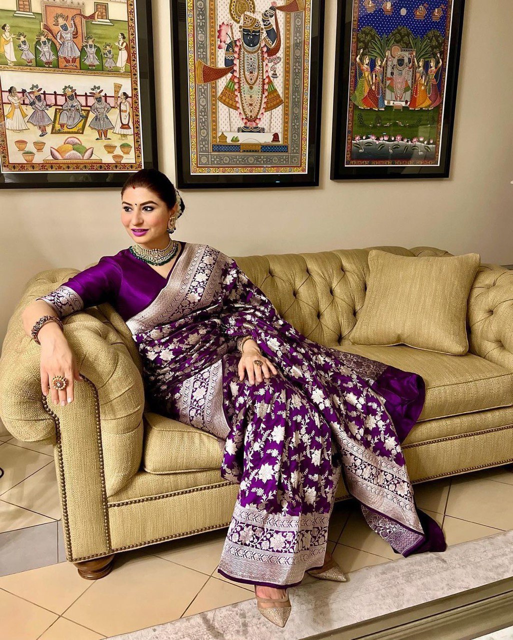 Plum Embroidered Soft Silk Banarasi Jacquard Saree