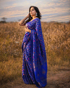 party wear blue fully zari weaving kanjivaram silk saree