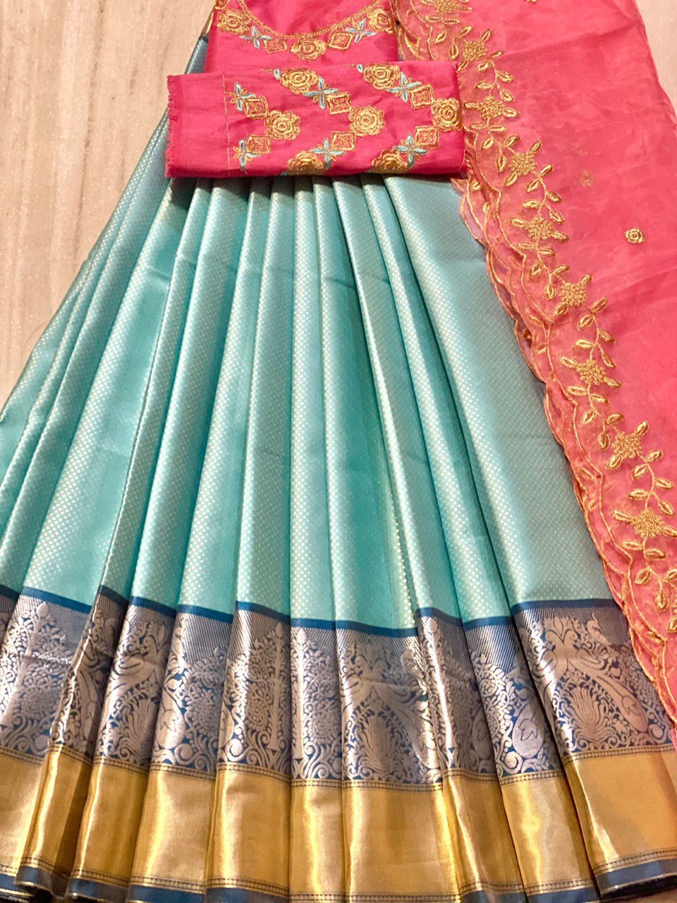 Blue & Red Woven Design Kanjivaram Thread Work Bridal Lehenga Choli