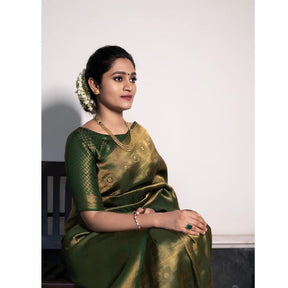 Green Color Self Design Banarasi Jacquard Saree with Golden Zari Work