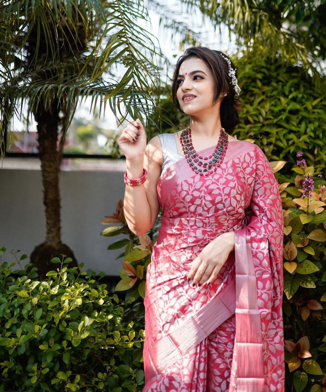 pink soft lichi silk saree for women