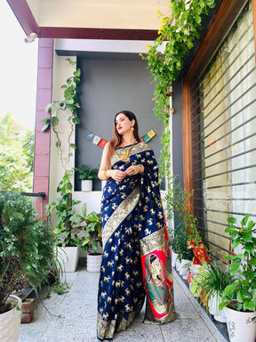 Dark Blue Printed Banarasi Art Silk Saree with Zari Weaving Design | Vootbuy
