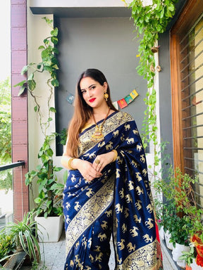 Elegant Dark Blue Printed Banarasi Art Silk Saree, Perfect for Casual Occasions