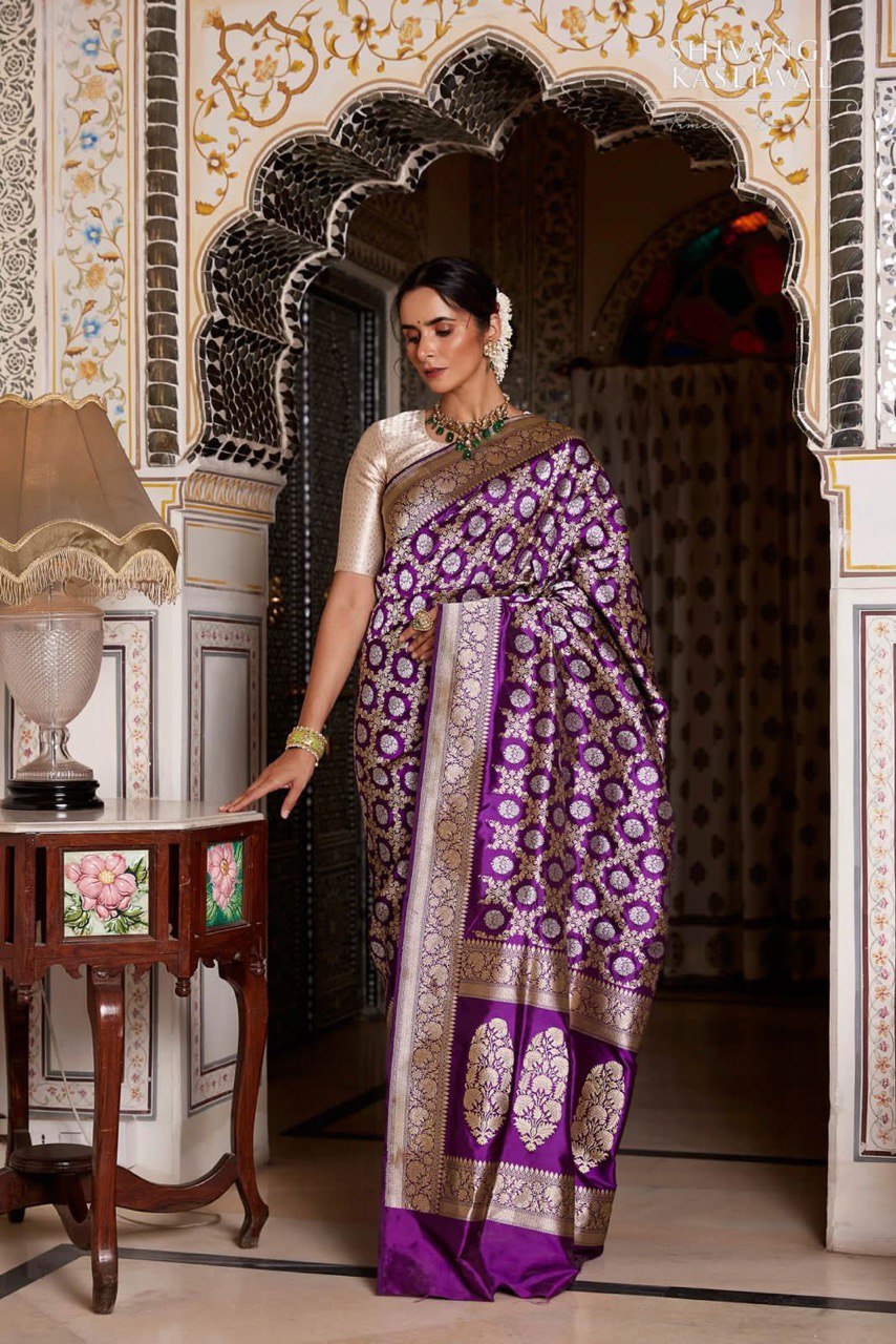 Purple Color Floral Printed Paithani Jacquard Art Silk Saree - Vootbuy