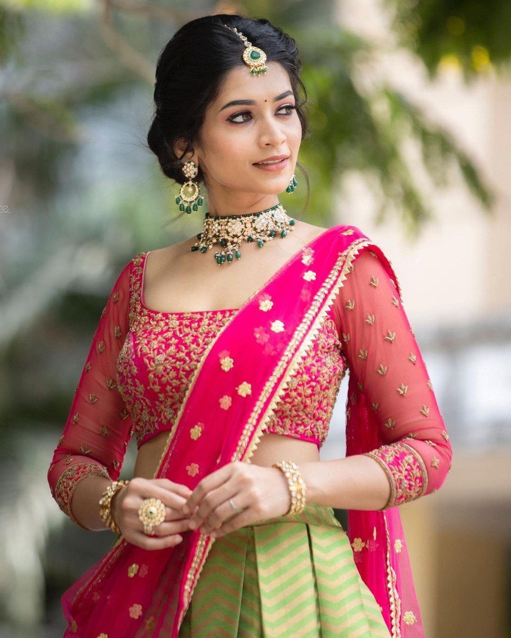 Traditional Pink & Green Kanjivaram Pure Silk Saree with Matching Blouse and Dupatta