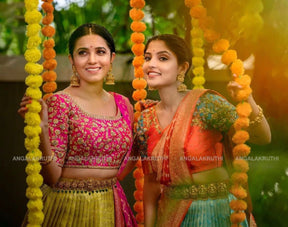 Vootbuy Yellow & Pink Zari Embroidered Lehenga Choli for Wedding