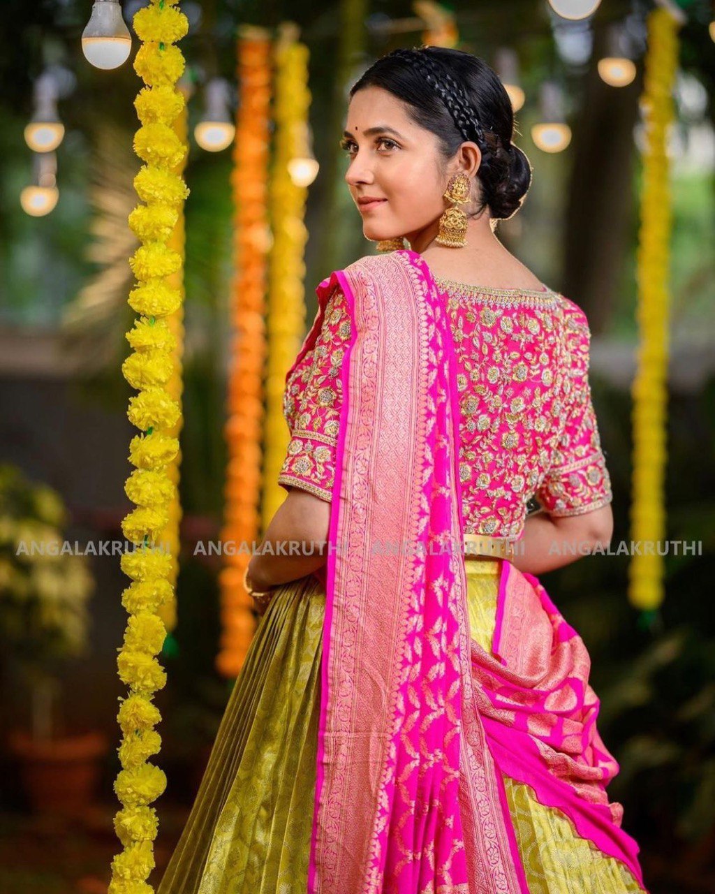 Vootbuy Yellow & Pink Zari Embroidered Lehenga Choli for Wedding