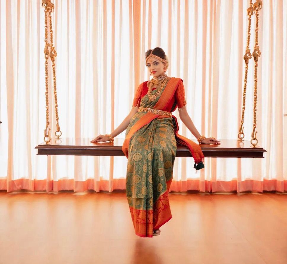 green embellished kanjivaram pure silk saree