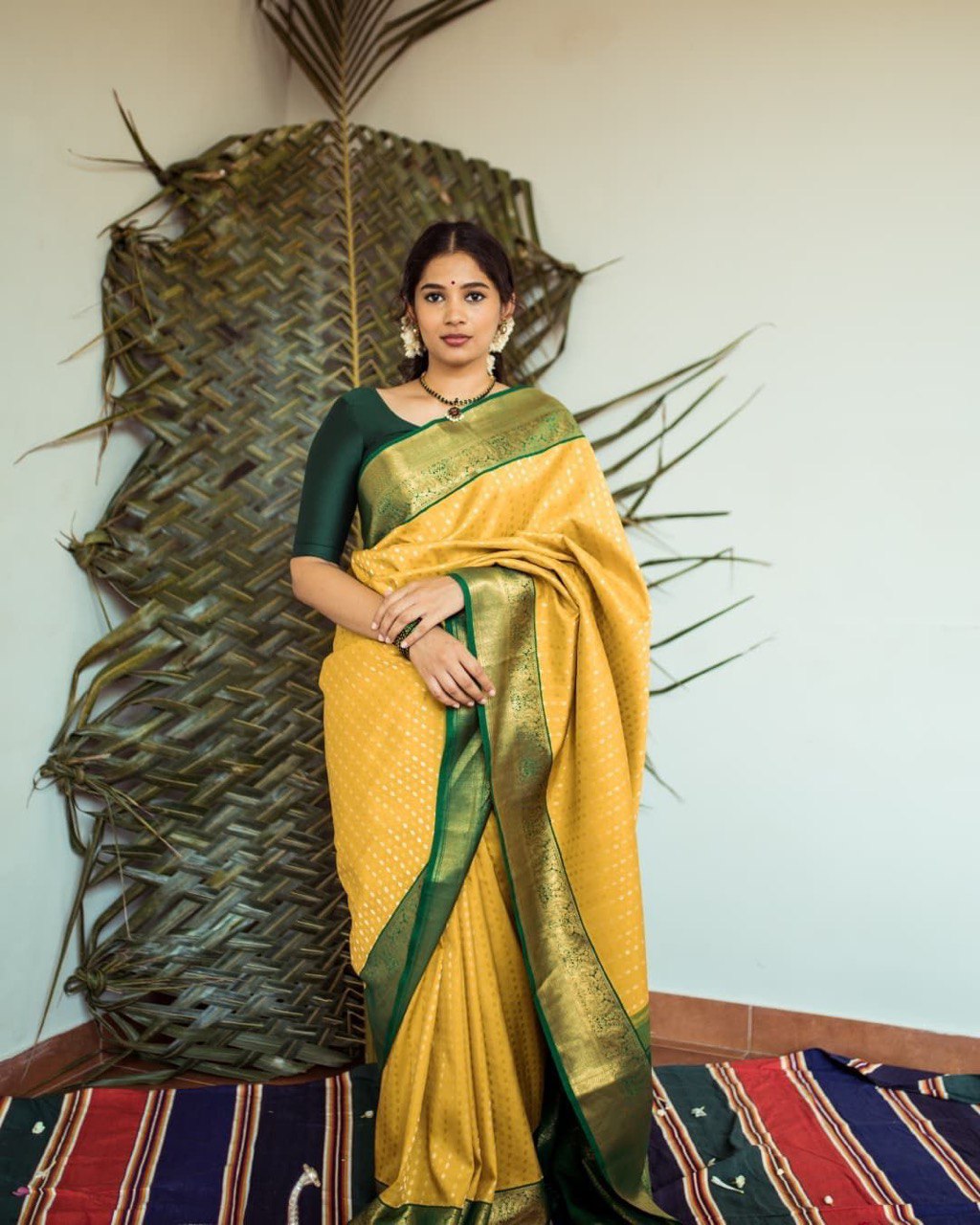yellow digital printed kanjivaram jacquard saree