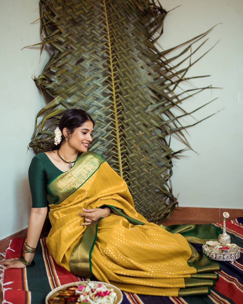 Green & Yellow Digital Printed Kanjivaram Jacquard Saree for Women
