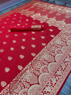Women's Red Color Zari Woven Design Soft Silk Kanjivaram Jacquard Saree