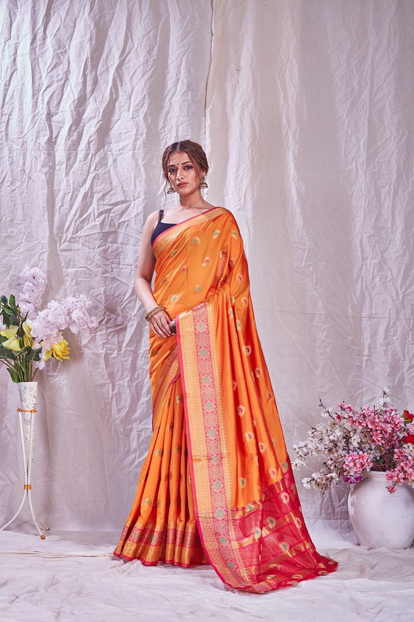 orange soft silk jacquard saree with beautiful rich pallu