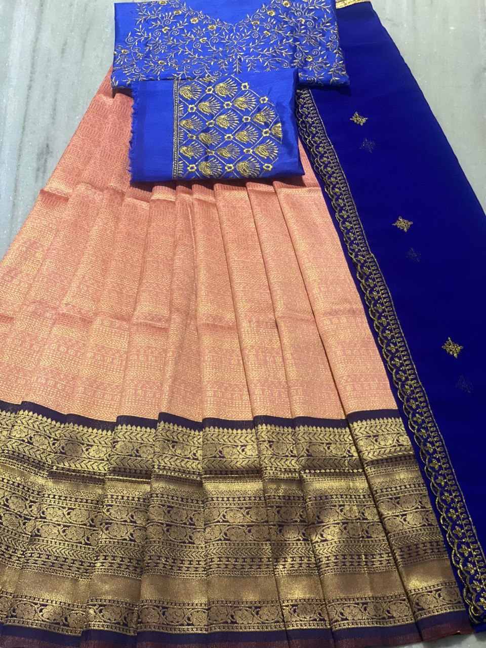 Multicolor Zari Embroidered Kanjivaram Pure Silk Lehenga Choli - Vootbuy