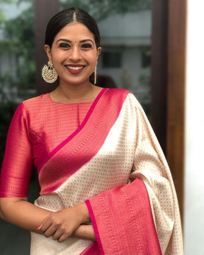 Cream & Pink Color Women's Kanjivaram Soft Silk Saree for Party Wear