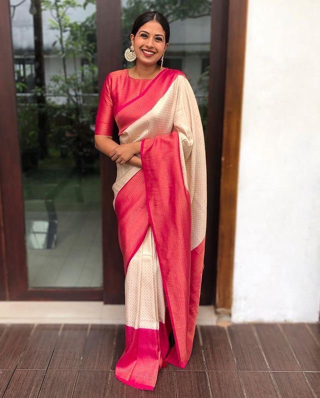 cream & pink kanjivaram soft silk saree for party wear