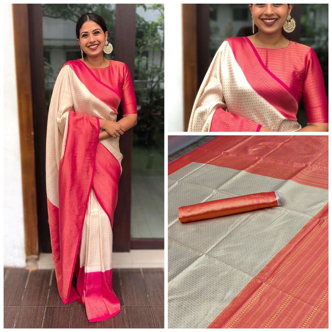 Cream & Pink Color Women's Kanjivaram Soft Silk Saree for Party Wear