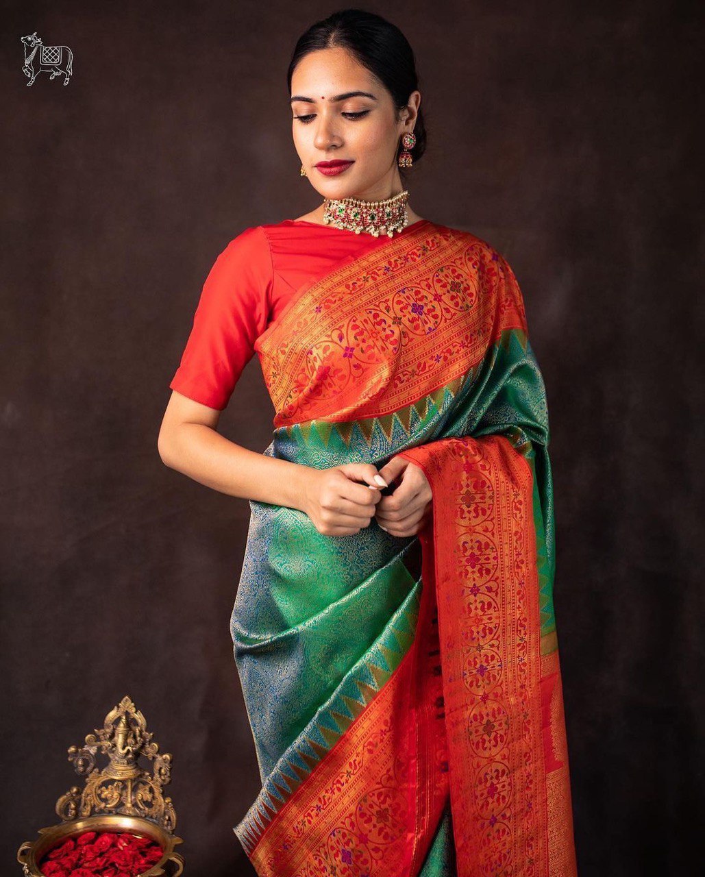 green banarasi jacquard cotton silk saree