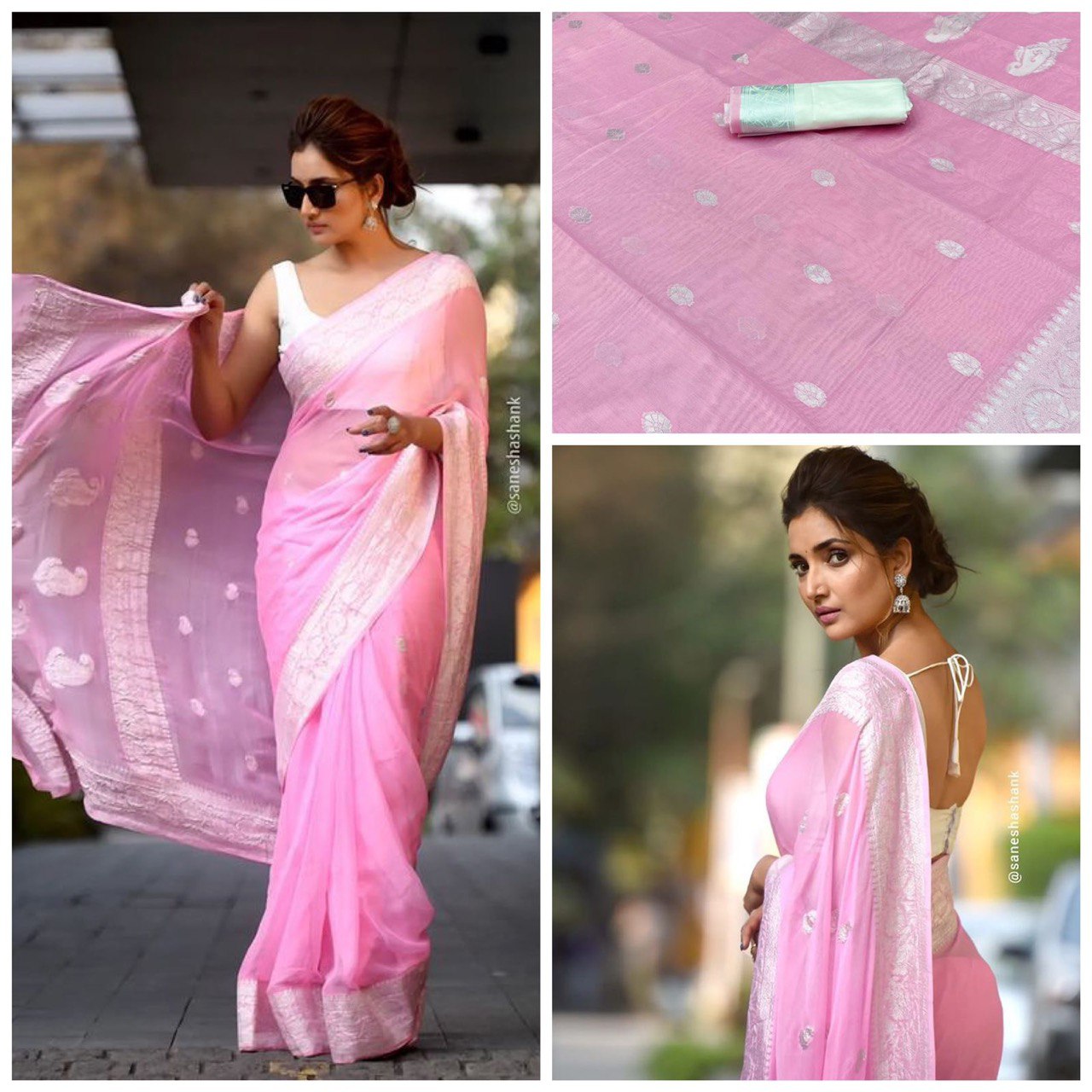 Shlok Design Work Saree With Blouse | Women, Sarees, Classic Sarees, Pink,  Pearls, Chiffon, V Neck, Sleeveless | Blouses for women, Aza fashion,  Embellished blouse
