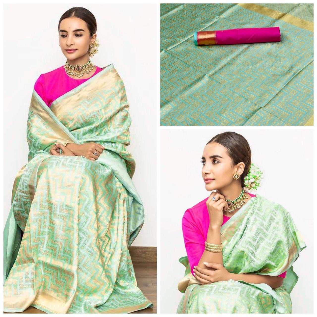 Serene Light Green Banarasi Saree Crafted from Soft Silk with Jacquard Cotton Patterns, Exuding Grace