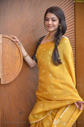 Women's Silver Zari Weaving Plain Cotton Linen Saree | Yellow | Vootbuy