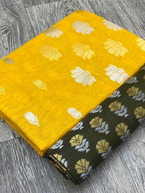 Women's Silver Zari Weaving Plain Cotton Linen Saree | Yellow | Vootbuy